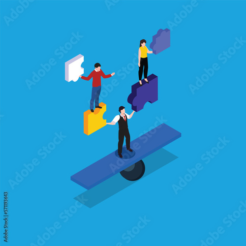 A team of people with puzzle on a seesaw 3d isometric vector illustration concept for banner, website, landing page, ads, flyer template