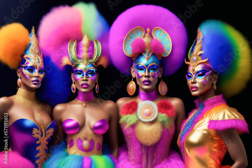 Drag queens in bright fantasy costumes for a magical party carnival. Four drags actress in glamorous dresses and carnival masks for show party. Generative ai