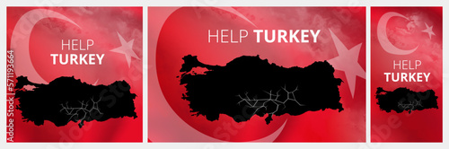 Turkey earthquake. Pray for Turkey earthquake. Turkish: Geçmiş olsun Türkiye. Map of Turkey in color of national flag with cracks. Pray for Turkey Vector illustration set.