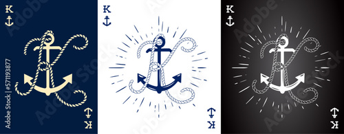 Set of three Vintage Label with an Anchor and Letter made of Ship Rope. Apparel t-shirt or Poster Design. Logotype Monogram with Playing Cards Style. Vector illustration.