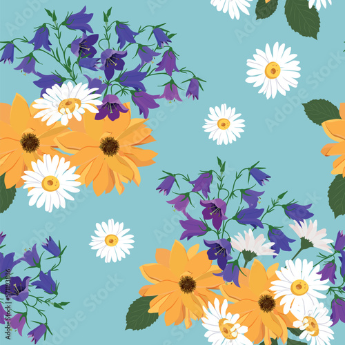 Seamless vector illustration with dahlia flowers, bluebells and daisies on a blue background. ?
