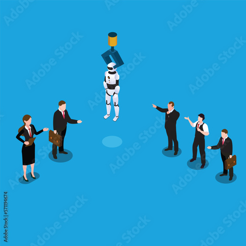 Robotic claw choosing robot from a group of business people 3d isometric vector illustration concept for banner, website, landing page, ads, flyer template