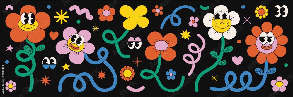 Retro cartoon flower character sticker pack. Groovy funky comic daisy ...