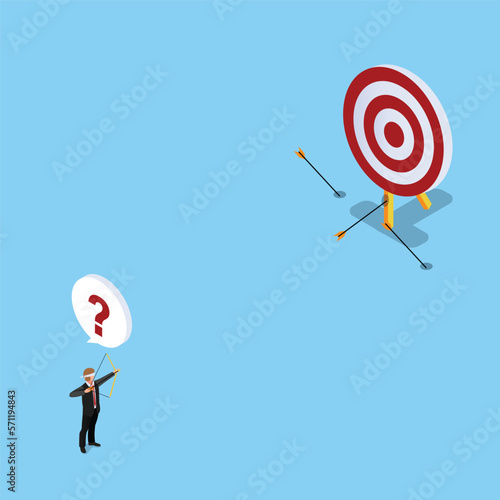 Blindfolded businessman missing the target shooting arrow 3d isometric vector illustration concept for banner, website, landing page, ads, flyer template