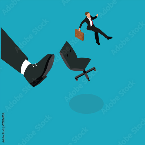 Businessman kicked out by big foot 3d isometric vector illustration concept for banner, website, landing page, ads, flyer template