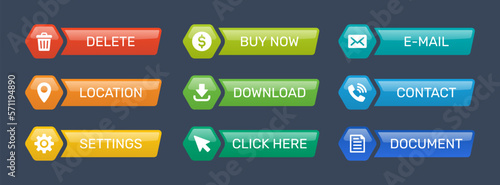 Colorful design buttons set. Containing contact, download, email, document, location, settings, delete, click here and buy now. Collection of web vector button.