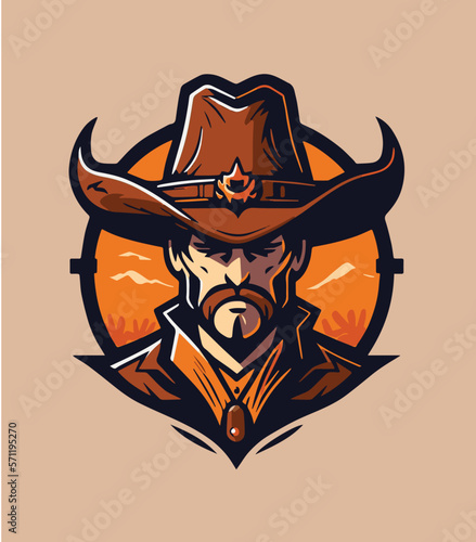 Cowboy head mascot. Ranger logo mascot. Cowboy with big hat and mustache mascot logo.