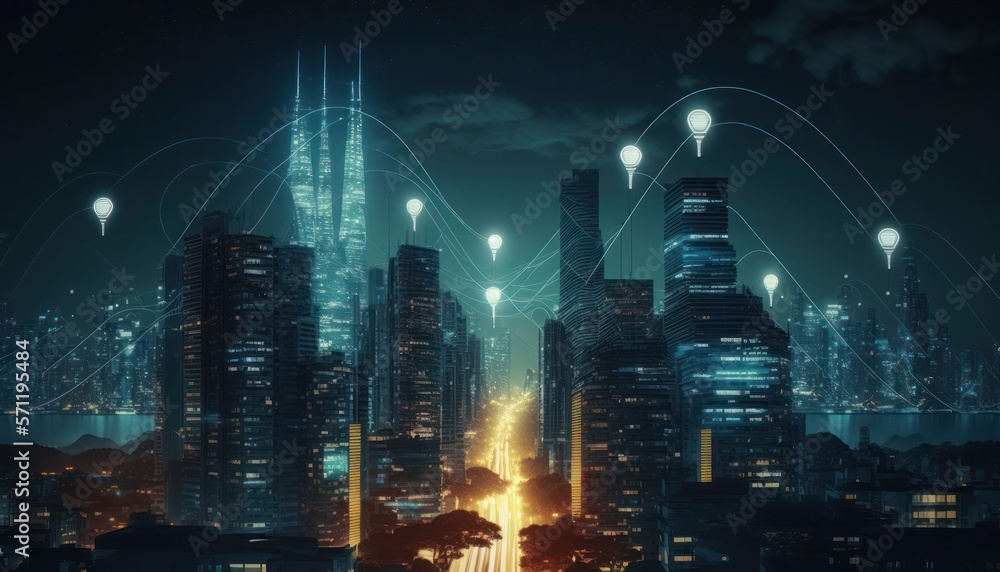 Fototapeta premium Wireless network and Connection technology concept with Abstract city background, generative ai