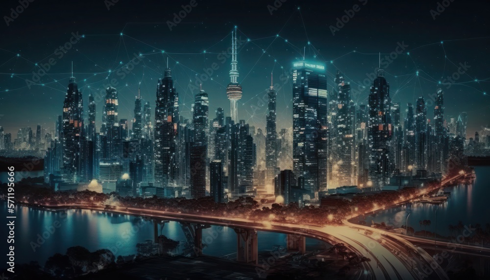 Fototapeta premium Wireless network and Connection technology concept with Abstract city background, generative ai
