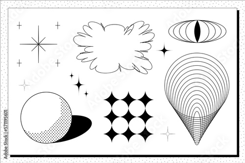 Super trendy geometric Y2K brutalism styled linear shapes. Set including stars, deformation, bubbles, arrows and other trendy shapes.