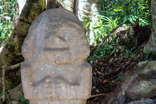 San Agustin (San Agustín), Huila, Colombia : pre-columbian megalithic sculpture on display in the archaeological park, San Agustin. Impressive statue carved with volcanic stone.