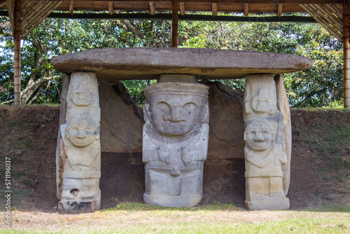 San Agustin (San Agustín), Huila, Colombia : pre-columbian megalithic sculptures in the archaeological park. Impressive megaliths carved with volcanic stone. Gardians of the dead resting in the tomb.