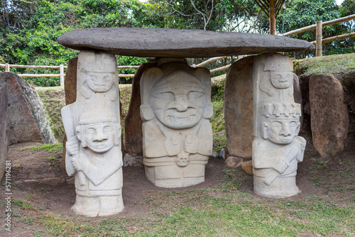 San Agustin (San Agustín), Huila, Colombia : pre-columbian megalithic sculptures in the archaeological park. Impressive megaliths carved with volcanic stone. Gardians of the dead resting in the tomb.