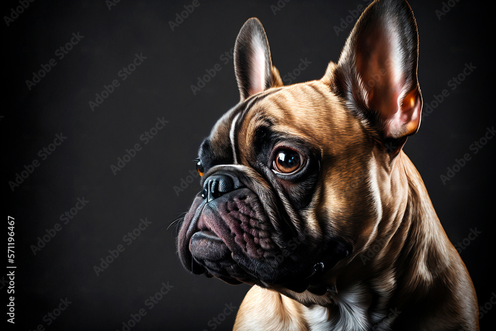 Generative AI illustration of a french bulldog dog with hazel eyes looking at camera against dark background