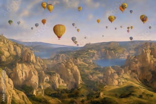 Landscape paiting with hot air balloons - AI Generated