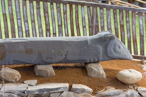 San Agustin (San Agustín), Huila, Colombia : pre-columbian megalithic sculptures in the archaeological park. Impressive megaliths carved with volcanic stone. Gardians of the dead resting in the tomb. photo