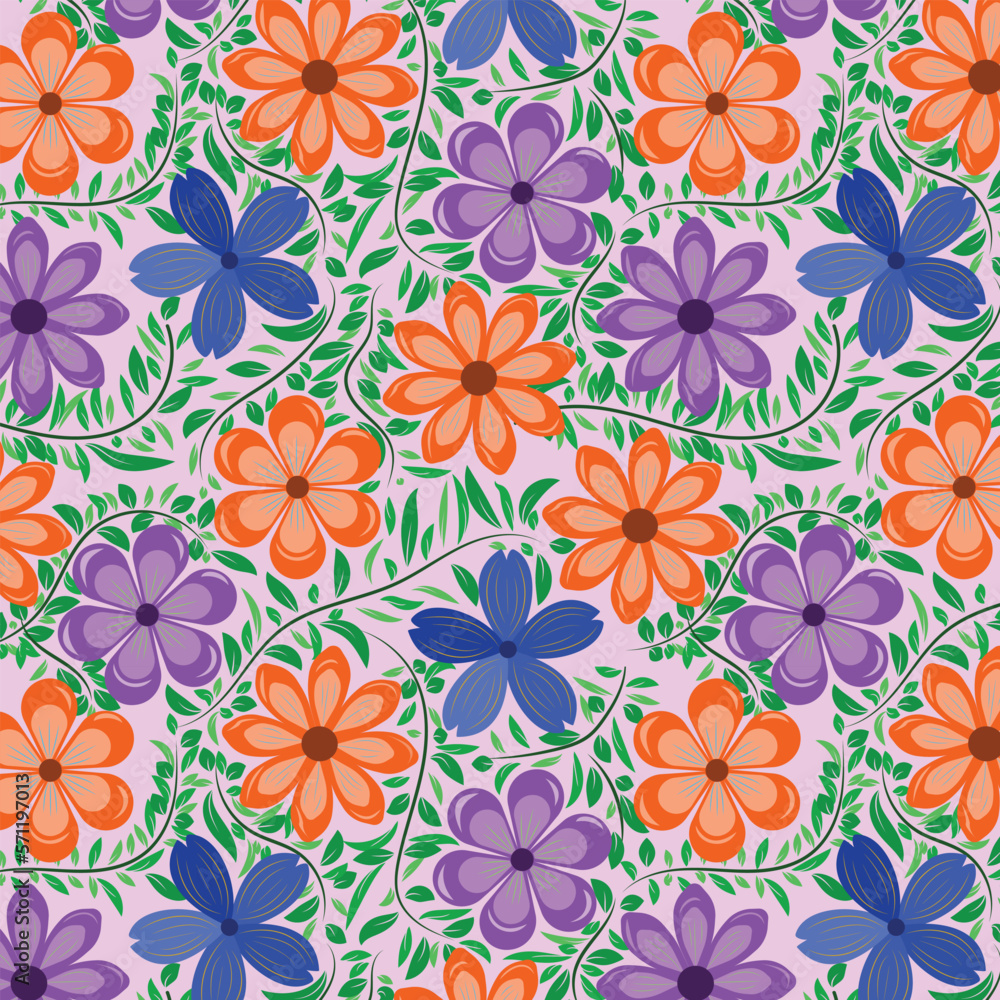 Seamless pattern of beautiful royal purple, sapphire, giants orange color flowers with sea green, mantis color leaves and veins on thistle background. textile design, wallpaper, fabric , bedding.