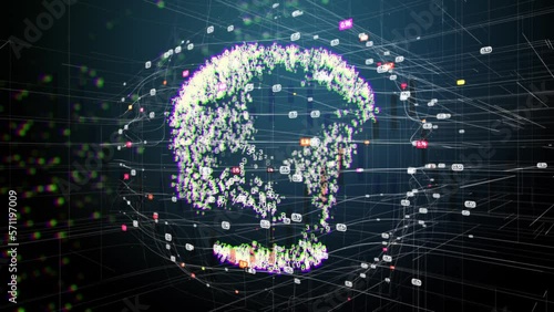 Computer graphics digital chaos is ordered and the shape of the globe with continents appears. The movement of elements in the foreground.