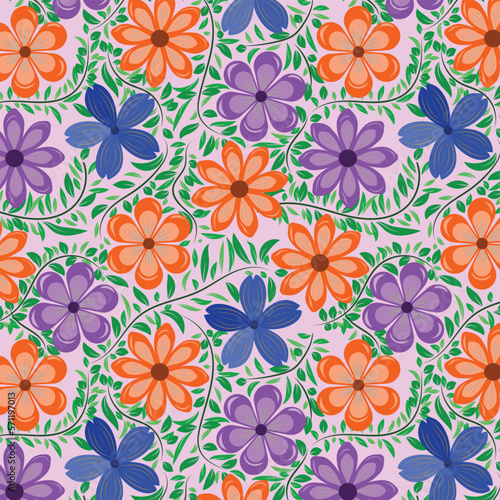 Seamless pattern of beautiful royal purple, sapphire, giants orange color flowers with sea green, mantis color leaves and veins on thistle background. textile design, wallpaper, fabric , bedding.