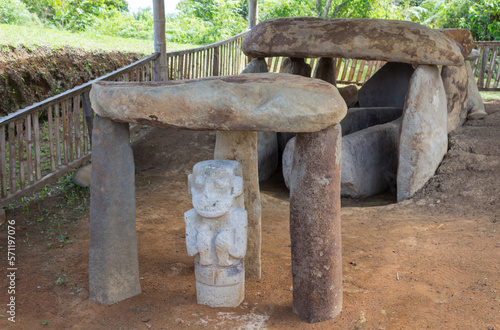 San Agustin (San Agustín), Huila, Colombia : pre-columbian megalithic sculptures in the archaeological park. Impressive megaliths carved with volcanic stone. Gardians of the dead resting in the tomb. photo