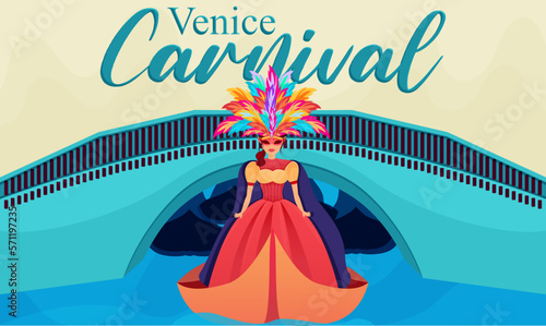  Venice carnival illustration, a girl in a mask and a dress on a boat, a holiday in Venice, carnival, holiday illustration