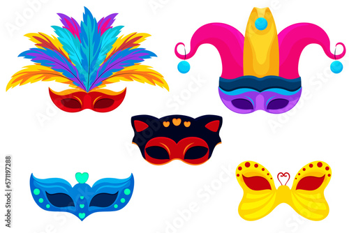 Bright carnival masks, a mask with feathers, a decorative mask, a mask with cat ears, a regular eye mask, a butterfly mask, clipart, bright illustrations