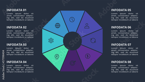Circle dark infographic with 8 elements template for web on a black background, business, presentation. Vector