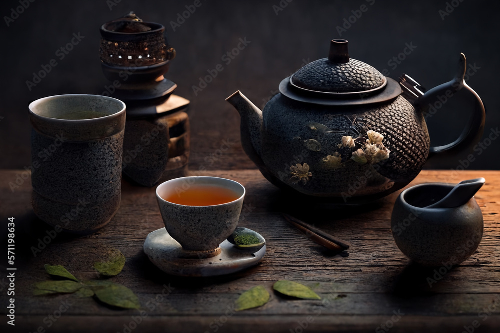 Traditional Japanese Green tea setup with beautiful lighting. Close-up details of ceramic tea pot and cups.Ai generated Traditional Japanese Green tea setup with beautiful lighting. Close-up details of ceramic tea pot and cups.Ai generated