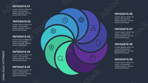 Circle dark infographic with 9 elements template for web on a black background, business, presentation. Vector