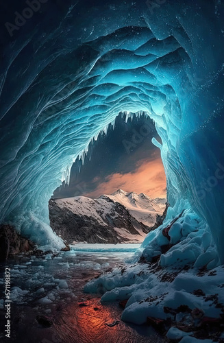 The beauty of a glowing ice cave. North Pole. Generative AI.
