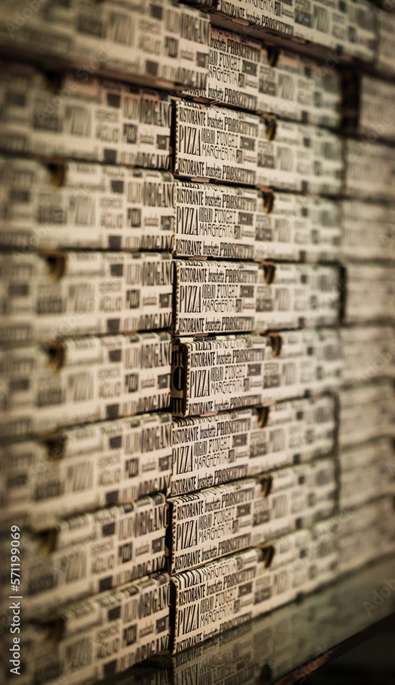 Pizza Boxes ready to go out to customers. Background or texture photo Pizza Boxes ready to go out to customers. Background or texture photo