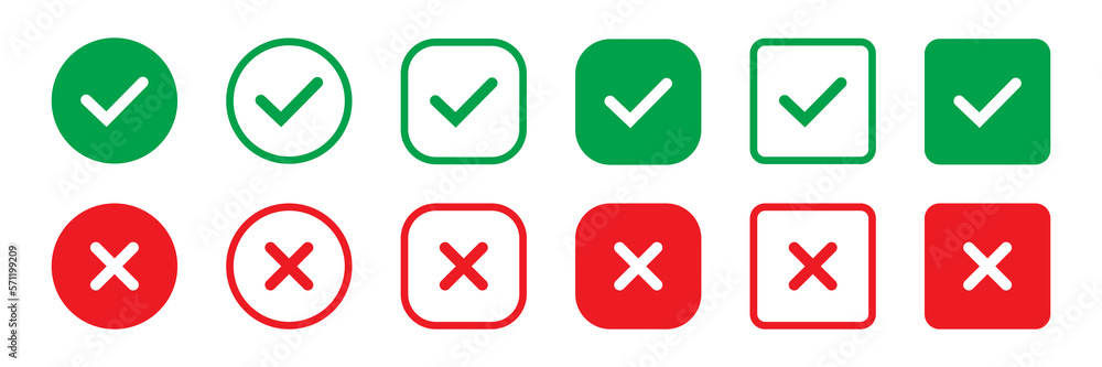 Cross mark and Check mark vector icon. Yes or no line symbol, approved or rejected icon for user interface. Cross mark and Check mark vector icon. Yes or no line symbol, approved or rejected icon for user interface.