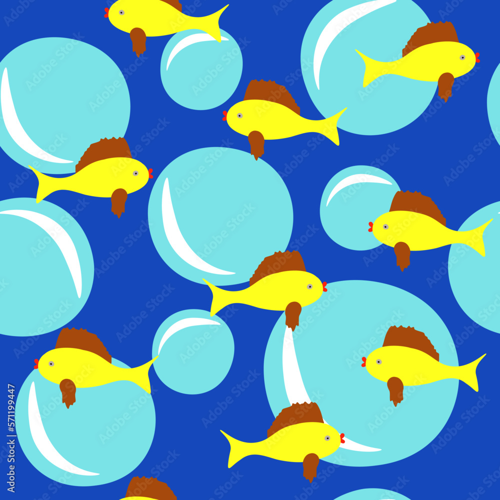 Obraz premium Seamless pattern cartoon yellow fish, big water bubbles. Hand drawn kid style marine print, vector eps 10