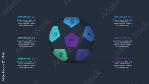 Creative dark infographic with 6 elements template for web on a black background, business, presentation.