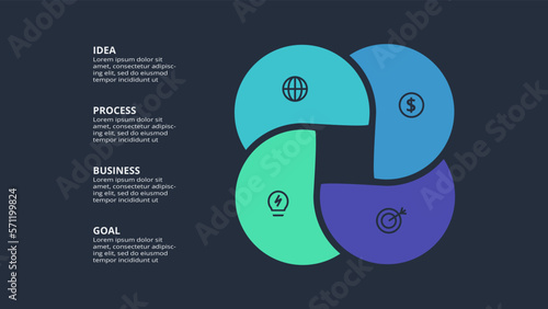 Circle dark infographic with 4 elements template for web on a black background, business, presentation. Vector