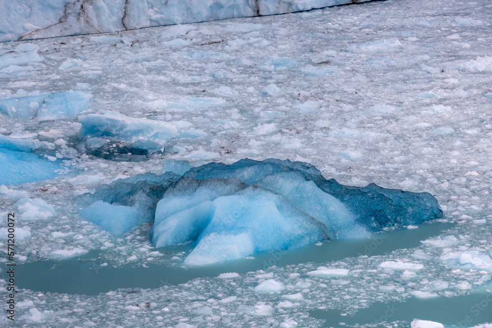 Fototapeta premium Deep blue and white chunks of ice of the famous glacier and natural sight Perito in the turquoise water of Lago Argentino in Patagonia, Argentina, South America