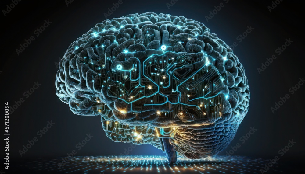 Realistic image of a human brain glowing with symbols of technology ...