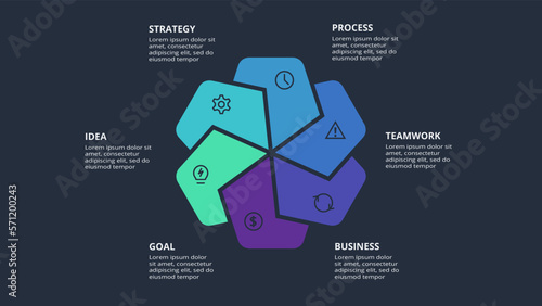 Circle dark infographic with 6 elements template for web on a black background, business, presentation. Vector