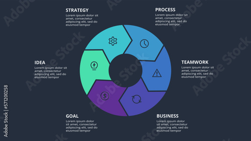 Circle dark infographic with 6 elements template for web on a black background, business, presentation. Vector