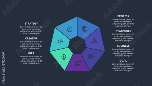 Circle dark infographic with 7 elements template for web on a black background, business, presentation. Vector