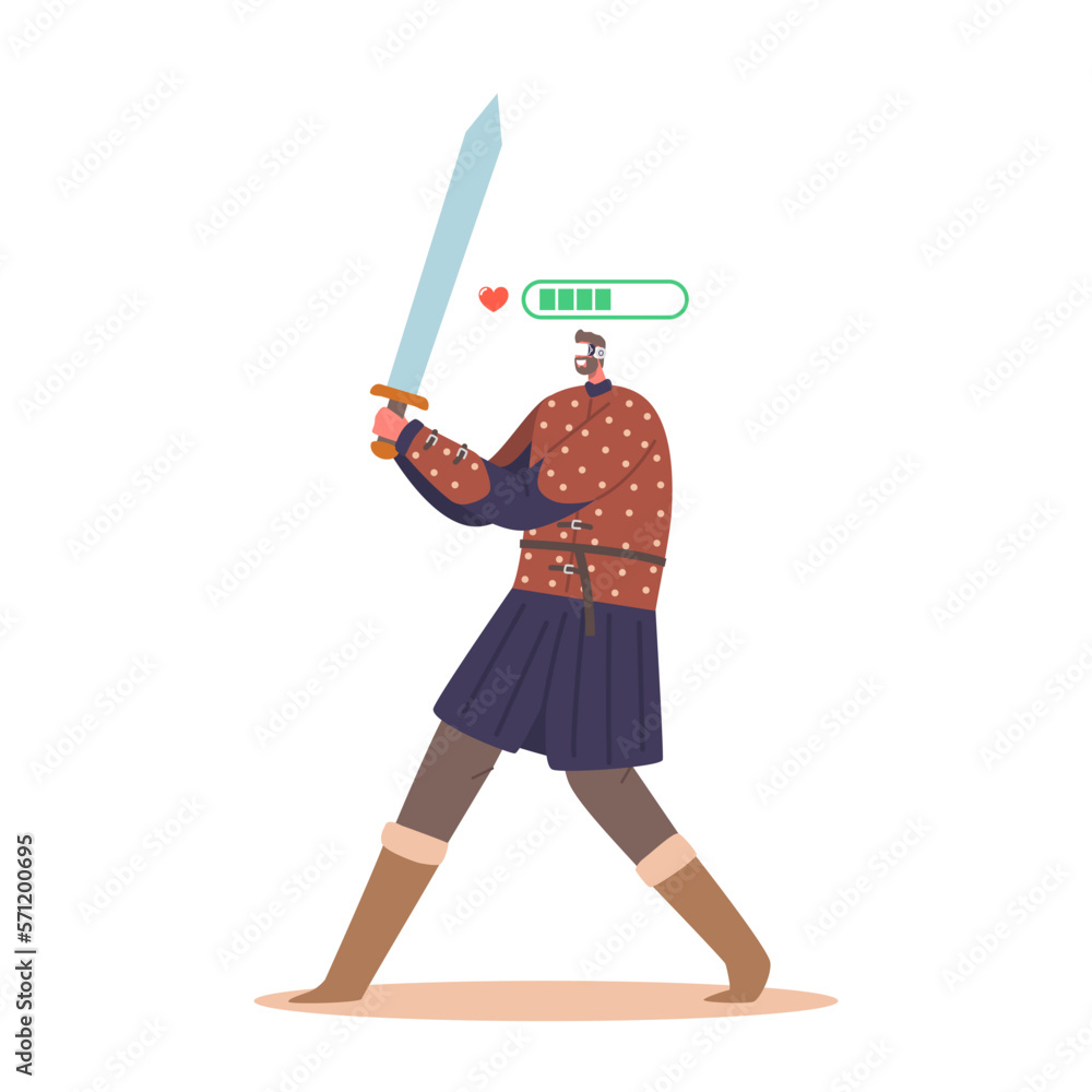 Fototapeta premium Fantasy Warrior Wearing Virtual Reality Glasses Holding Sword During Multi-player Online Roleplaying Game