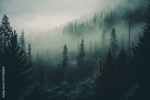 Foggy pine forest, featuring the beauty of the natural environment, suitable for banners, wallpapers, or brochures. Ai generated..
