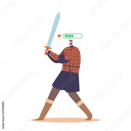 Fantasy Warrior Wearing Virtual Reality Glasses Holding Sword During Multi-player Online Roleplaying Game