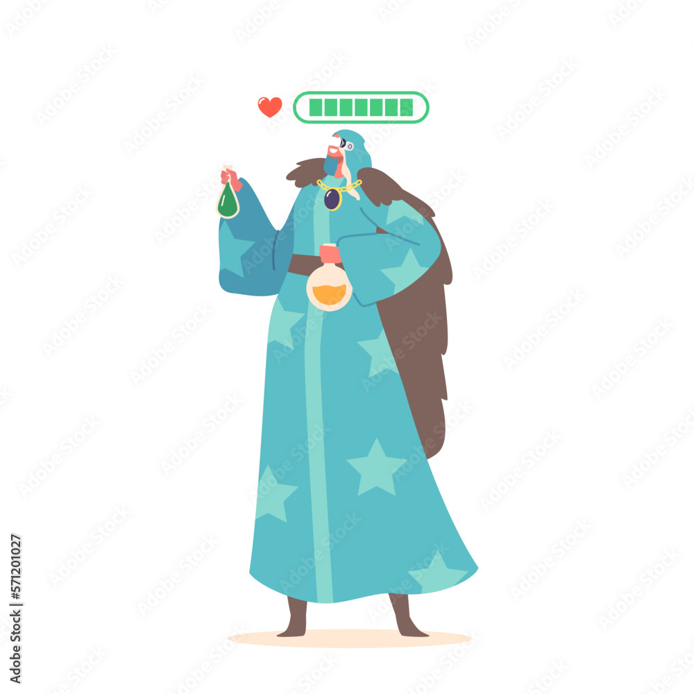 Wizard In Virtual Reality Glasses Holding Potion Flasks During Mmorpg. Fantasy Massively Multiplayer Role-playing Game Wizard In Virtual Reality Glasses Holding Potion Flasks During Mmorpg. Fantasy Massively Multiplayer Role-playing Game