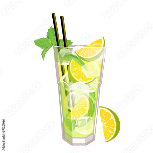 Mojito cocktail. A classic refreshing drink with ice, lime and mint.Vector illustration.