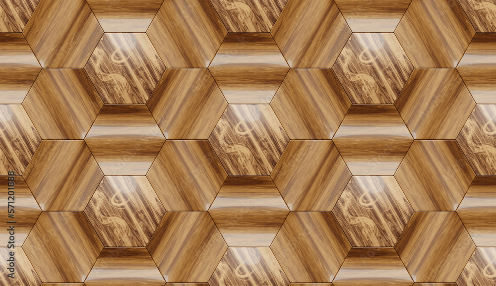 Fototapeta premium Seamless and mosaic background of wooden hexagons, under a shiny varnish. 3D render