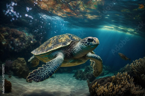 Turtle swimming underwater generative AI