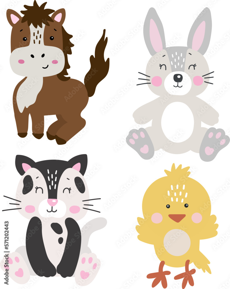 Farm animals isolated vector, Cute Animals collection, Farm Clipart, Portrait animal vector, Baby animal elements set