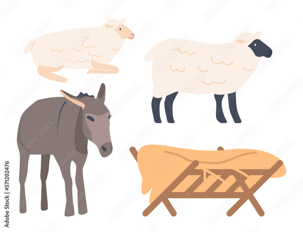 Manger With Hay And Animals Donkey, Sheep And Lamb Isolated On White Background. Livestock Creatures, Farm Personages