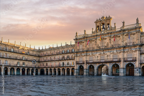 Plaza Mayor, main square at sunrise in Salamanca - City hall - Catilla y Leon, Spain - ravel concept